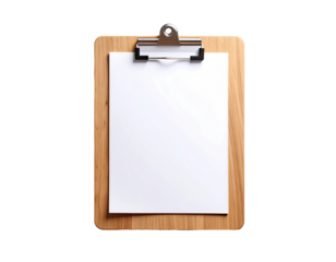 A wooden clipboard with a blank white sheet of paper.  A metal clip secures the paper