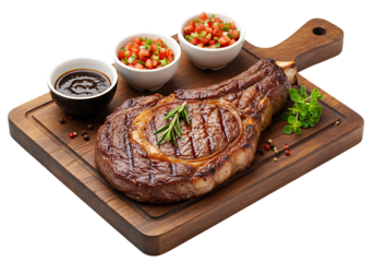 Juicy grilled tomahawk steak with sauces and garnish isolated on transparent background