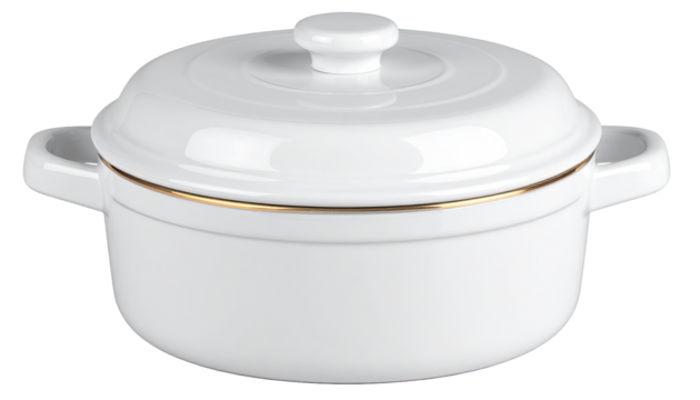 White ceramic pot with gold trim and lid
