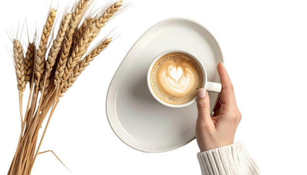 Hand holding a latte art coffee cup on a white plate, beside wheat stalks