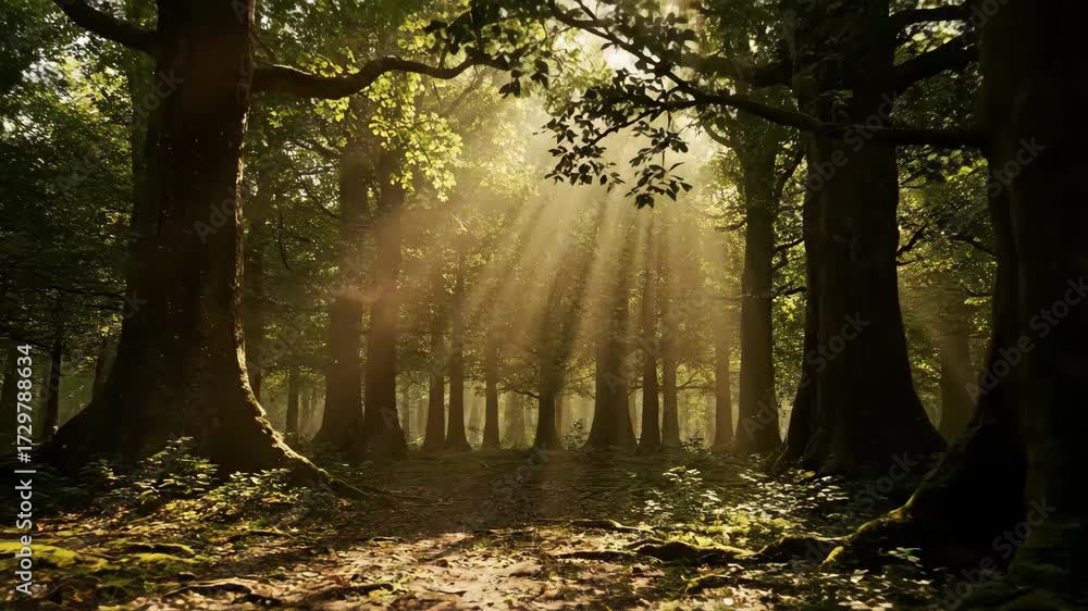 Wall mural sunbeams pierce through an ancient forest canopy, creating a dynamic timelapse of shifting light and