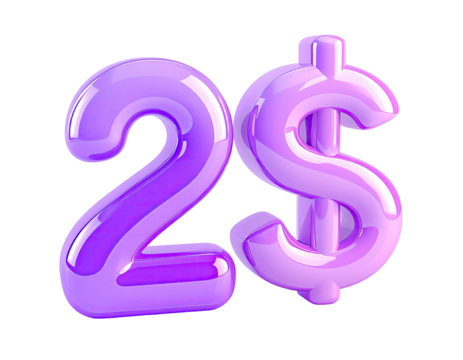 3D rendered purple balloon text "$2
