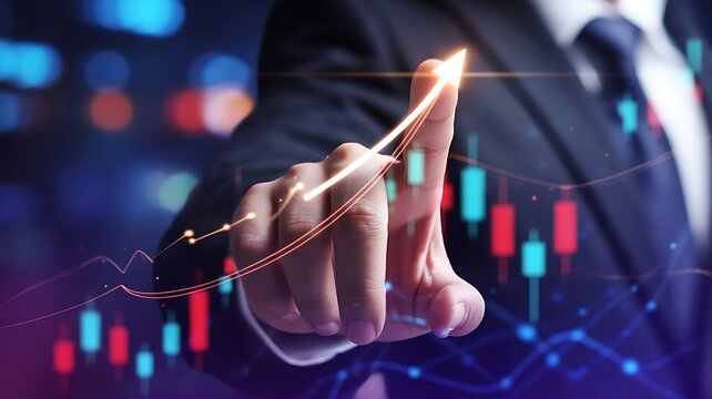 Businessman pointing arrow graph going up, business growth and investment