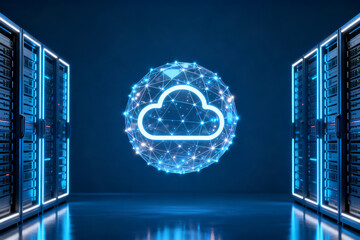 Digital cloud network symbol illuminated in a server room with glowing blue servers on both sides