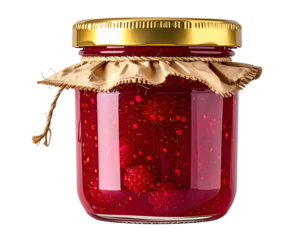 A glass jar of ruby red raspberry jam, sealed with a gold lid and tied with a rustic brown paper band
