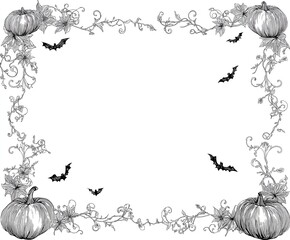 A simple line drawing of pumpkins and bats with vines on a white background. Minimalist Halloween illustration with a festive and spooky theme.