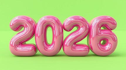Pink inflatable "2026" numbers on a smooth green background, in minimalistic style with soft lighting, high resolution, and sharp focus.