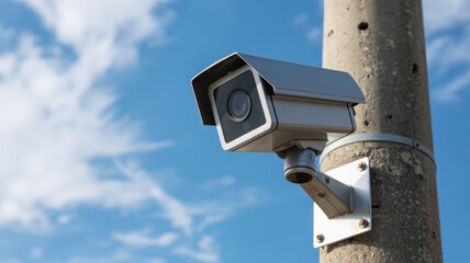 Security camera mounted on a pole against a blue sky with fluffy clouds, ensuring surveillance
