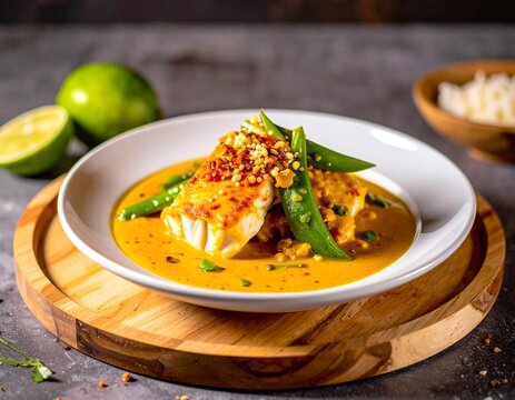 Fine dining minimalist presentation of Moamba de Galinha, a traditional Angolan chicken stew made with peanuts and palm oil, styled in modern elegance.