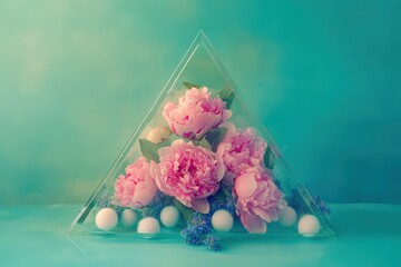 Delicate pink peonies arranged in a clear, triangular vase against a teal backdrop, evoking a serene and elegant aesthetic.