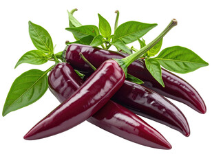 Deep purple peppers with green leaves