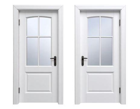 Two identical white doors with frosted glass panels