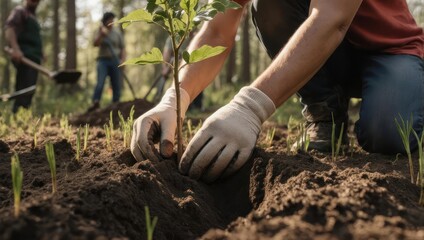 Close-up of person planting a young tree.  Hands in gloves carefully place small tree in hole.  Forest background, other people working nearby