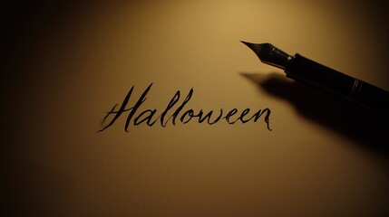 Handwritten "Halloween" word on blank paper with a fountain pen writing beside it, creating a dark and mysterious tone with sepia-toned background, soft lighting, and subtle shadows cast by the pen's 