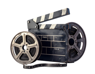 Vintage film clapperboard and reels