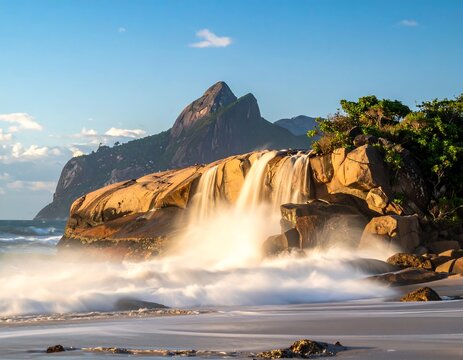 Coastal waterfall cascading onto a sandy beach, with a mountain backdrop under a clear sky