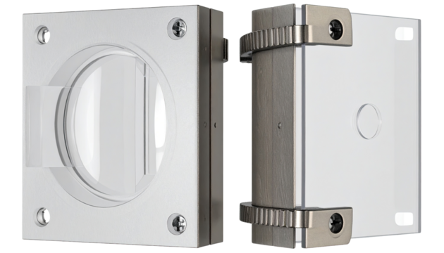 Two white and light gray rectangular panels, possibly for a door or panel system.  One panel shows a circular aperture