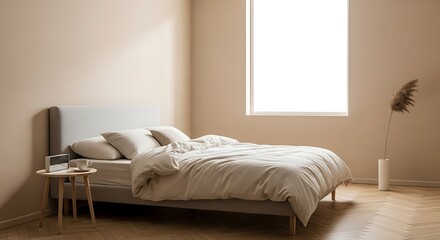 Serene bedroom scene featuring a bed, side table, natural light, and minimalist decor for relaxation.