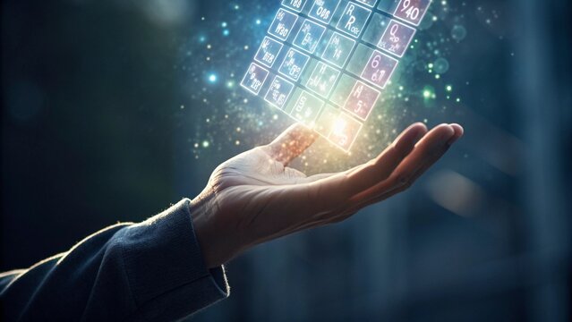 Close Up of Human Hand with Floating Hologram of Periodic Table for Science and Technology Concept