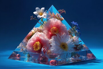 A vibrant bouquet of flowers, in a clear pyramid-shaped glass container, against a deep blue backdrop.