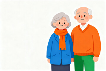 Illustration of an elderly couple standing together, dressed warmly in colorful clothing