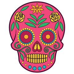 Detailed Calavera Skull Face Icon Pink and Teal Color Scheme