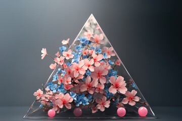 A delicate arrangement of pink and blue flowers in a clear triangular vase, creating a serene and springtime aesthetic.