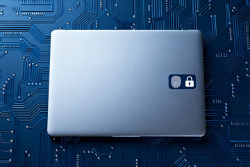Closed laptop with fingerprint and lock icon on circuit board background