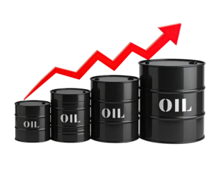 Oil prices rising, shown by barrels and an upward trend