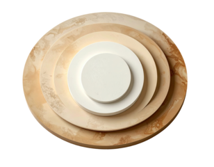Circular, layered podium with concentric rings, featuring a creamy beige and off-white color scheme. A central, elevated, white platform is situated atop the layered rings