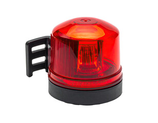 Close-up of a round, red warning light.  Dark background
