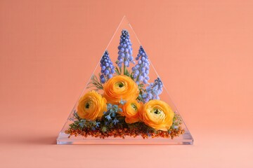 A triangular, clear acrylic display showcases a vibrant arrangement of preserved orange ranunculus and periwinkle hyacinths.