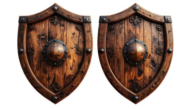Two antique wooden shields, symmetrical and detailed