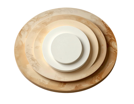 Circular, layered podium with concentric rings, featuring a creamy beige and off-white color scheme. A central, elevated, white platform is situated atop the layered rings