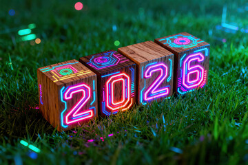 3D rendering of the word '2026' on wooden cubes, placed in green grass with colorful neon lights shining through, surrounded by a dark background and bokeh effect, in a playful cartoonish illustration