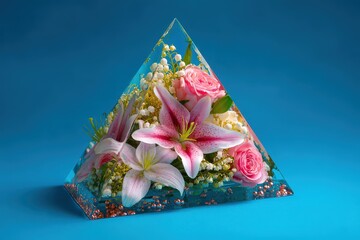A clear acrylic pyramid, brimming with a vibrant bouquet of pink roses, lilies, and baby's breath, rests elegantly against a vibrant blue backdrop.