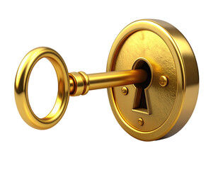 Golden key in a lock. 3D rendering of a gold key and lock