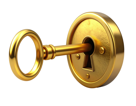 Golden key in a lock. 3D rendering of a gold key and lock