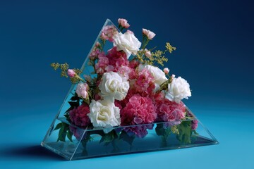 A vibrant floral arrangement, displayed within a clear, triangular, acrylic vase, against a striking blue backdrop.