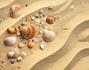 Diverse natural seashells rest on golden beach sand. Wavy patterns and soft shadows create a serene coastal scene, evoking summer, ocean, and tranquil relaxation