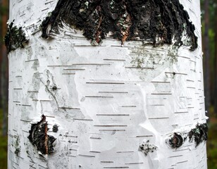 Close-up of a birch tree trunk, showcasing its unique bark texture and patterns in nature