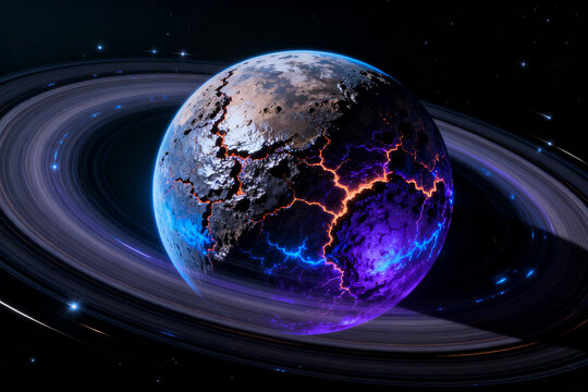 A planet with glowing cracks and rings in outer space - Powered by Adobe