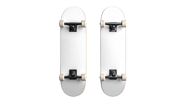 Two blank white mini skateboards, side-by-side, top view.  Black trucks, cream-colored wheels