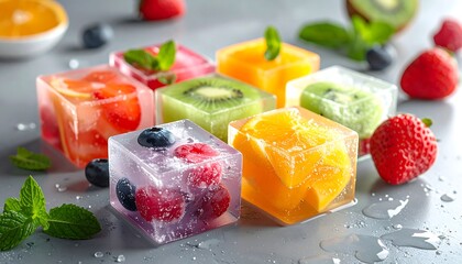 Colorful fruit ice cubes on a gray surface, garnished with mint
