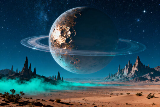 Alien desert landscape with a large ringed planet in the sky, glowing teal mist, and jagged mountains under a starry night.