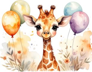 Cute giraffe with colorful balloons and floral design