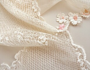 Elegant vintage lace fabric with delicate floral embellishments, perfect for crafting and sewing projects