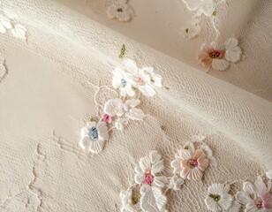 Close-up shot of delicate floral embroidery on sheer fabric, showcasing intricate stitching and soft pastel colors