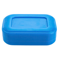 Rectangular, vibrant blue soap dish.  Features a slightly raised, recessed interior.  Solid, smooth exterior.  Simple, utilitarian design