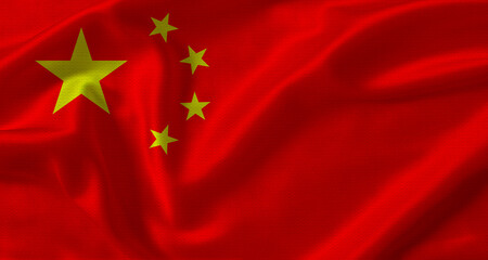 Close up of flag of China with cloth texture. China flag with fabric texture waving